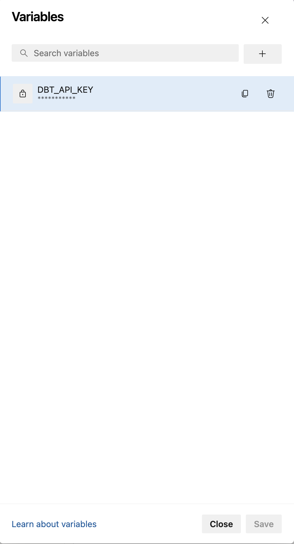 View of the Azure pipelines window for entering DBT_API_KEY View of the Azure pipelines window for entering DBT_API_KEY